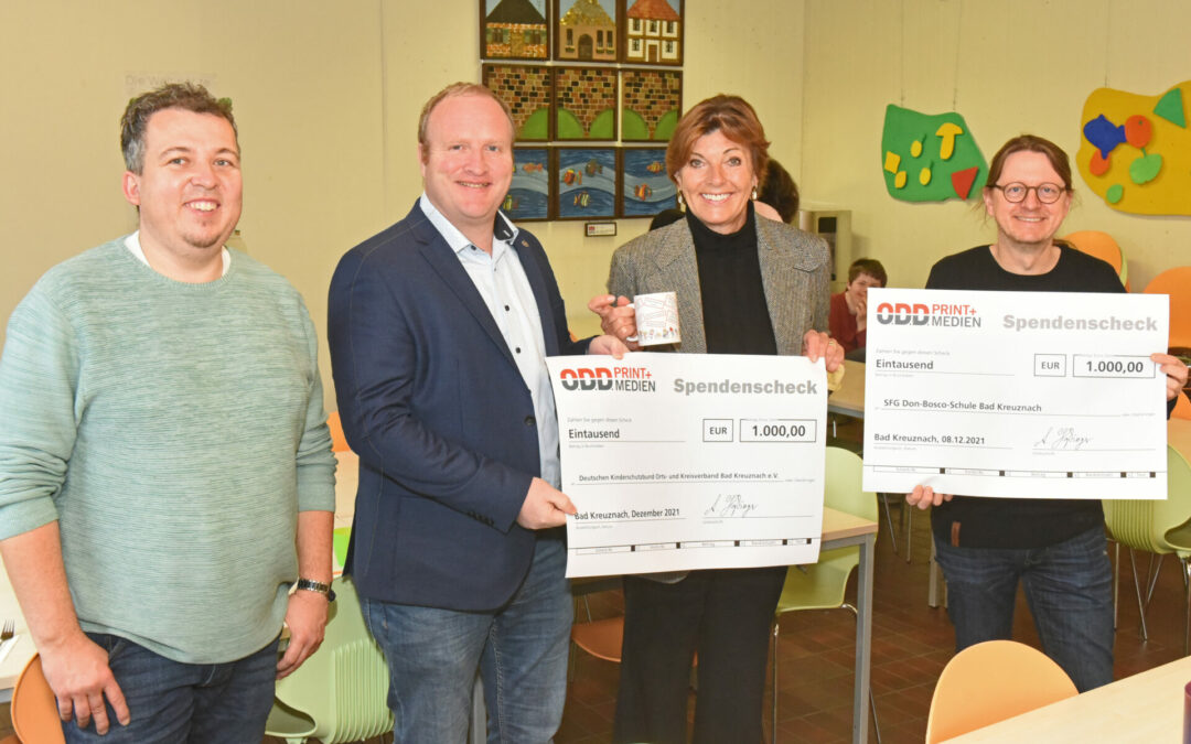O.D.D. Print + Medien spendet je 1000 Euro an Kinderschutzbund und Don-Bosco-Schule